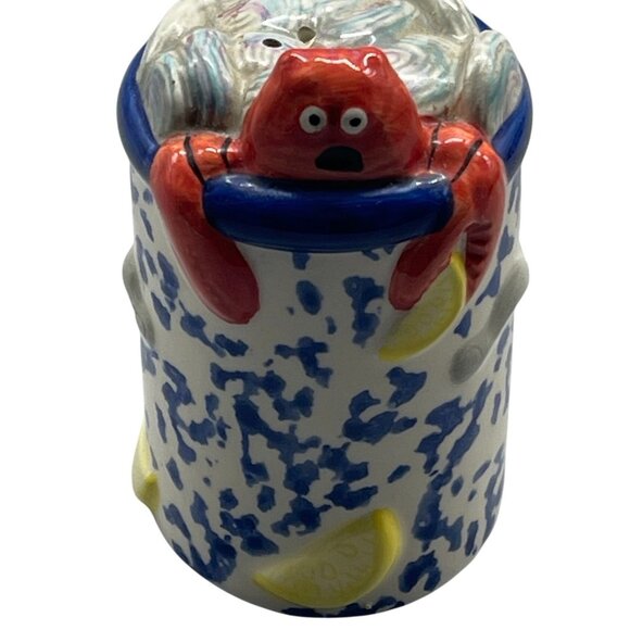 ceramic salt shaker round blue water lemons orange crab at top gray waves READ - Picture 1 of 6